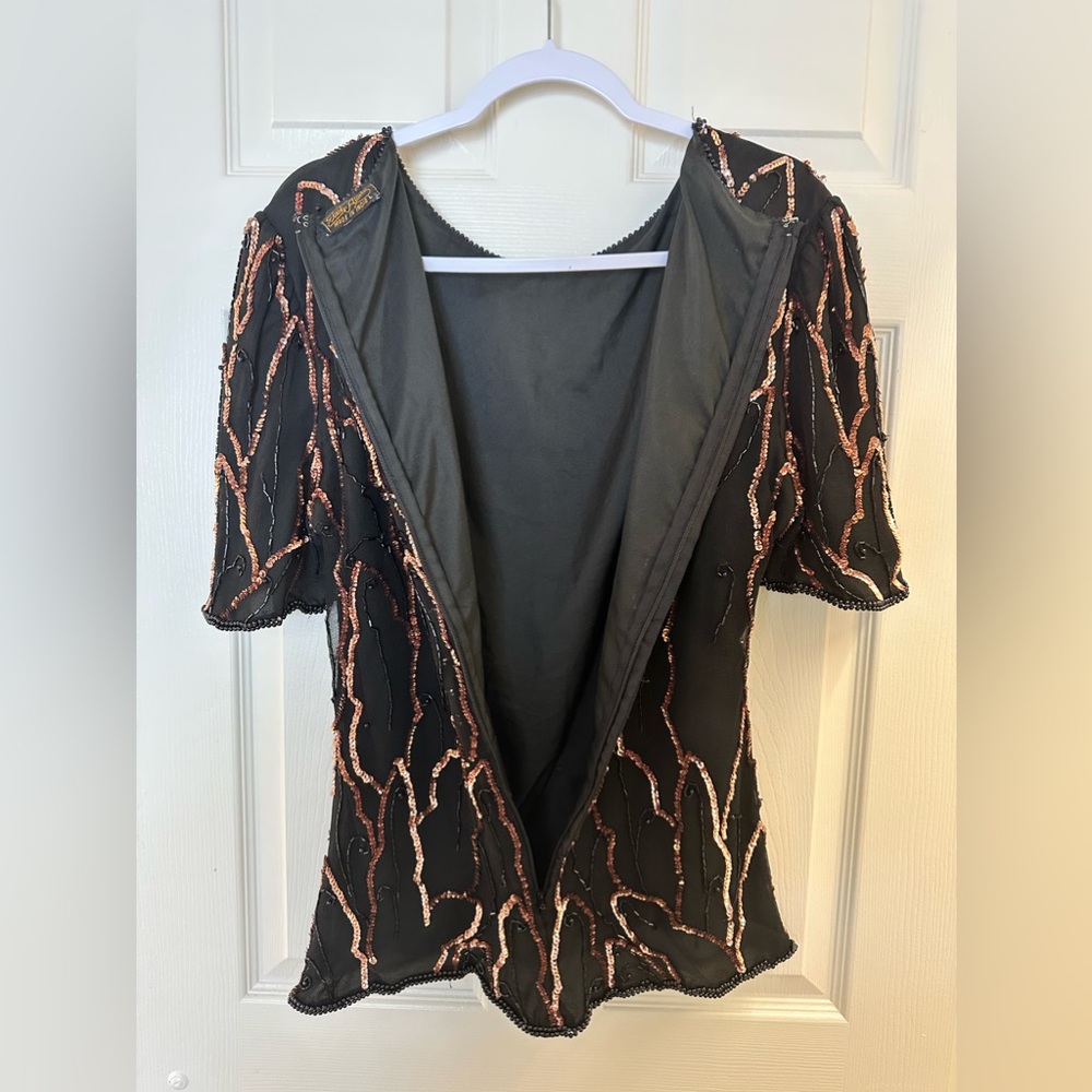 Eve’s Allure Vintage Beaded Silk Blouse Size L Black and Gold - Picture 4 of 9